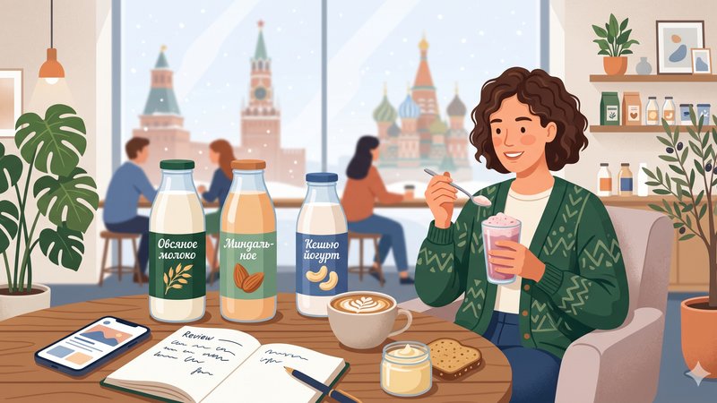 Современная иллюстрация с ассортиментом альтернативных молочных продуктов для блога вегетарианского кафе в Москве