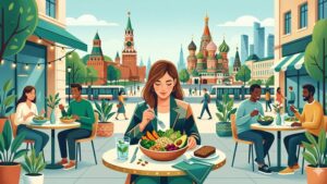 Современная иллюстрация сбалансированного вегетарианского меню для блога кафе в центре Москвы