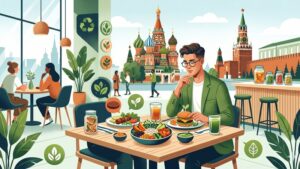 Современная иллюстрация с разнообразными растительными продуктами для статьи о трендах вегетарианского питания в Москве