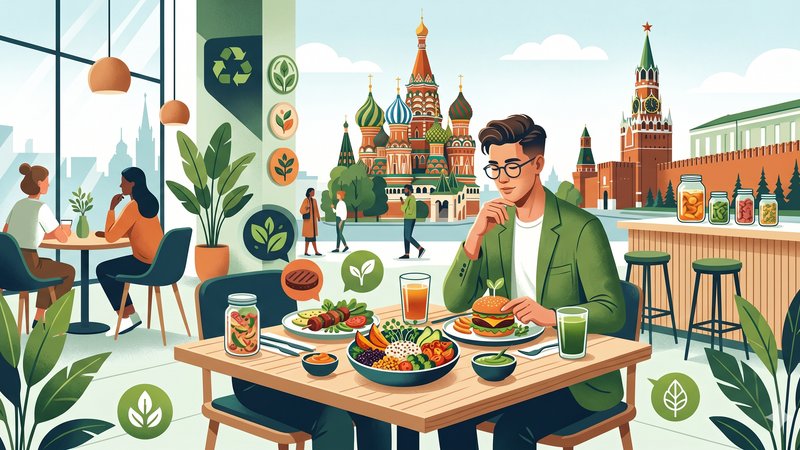 Современная иллюстрация с разнообразными растительными продуктами для статьи о трендах вегетарианского питания в Москве